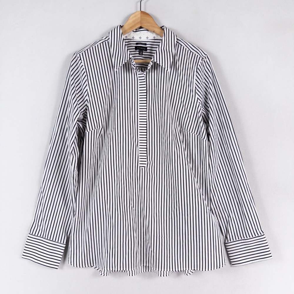 Talbots Top Blouse Women 14 Black White Stripe Stretch Wrinkle Resistant Classic